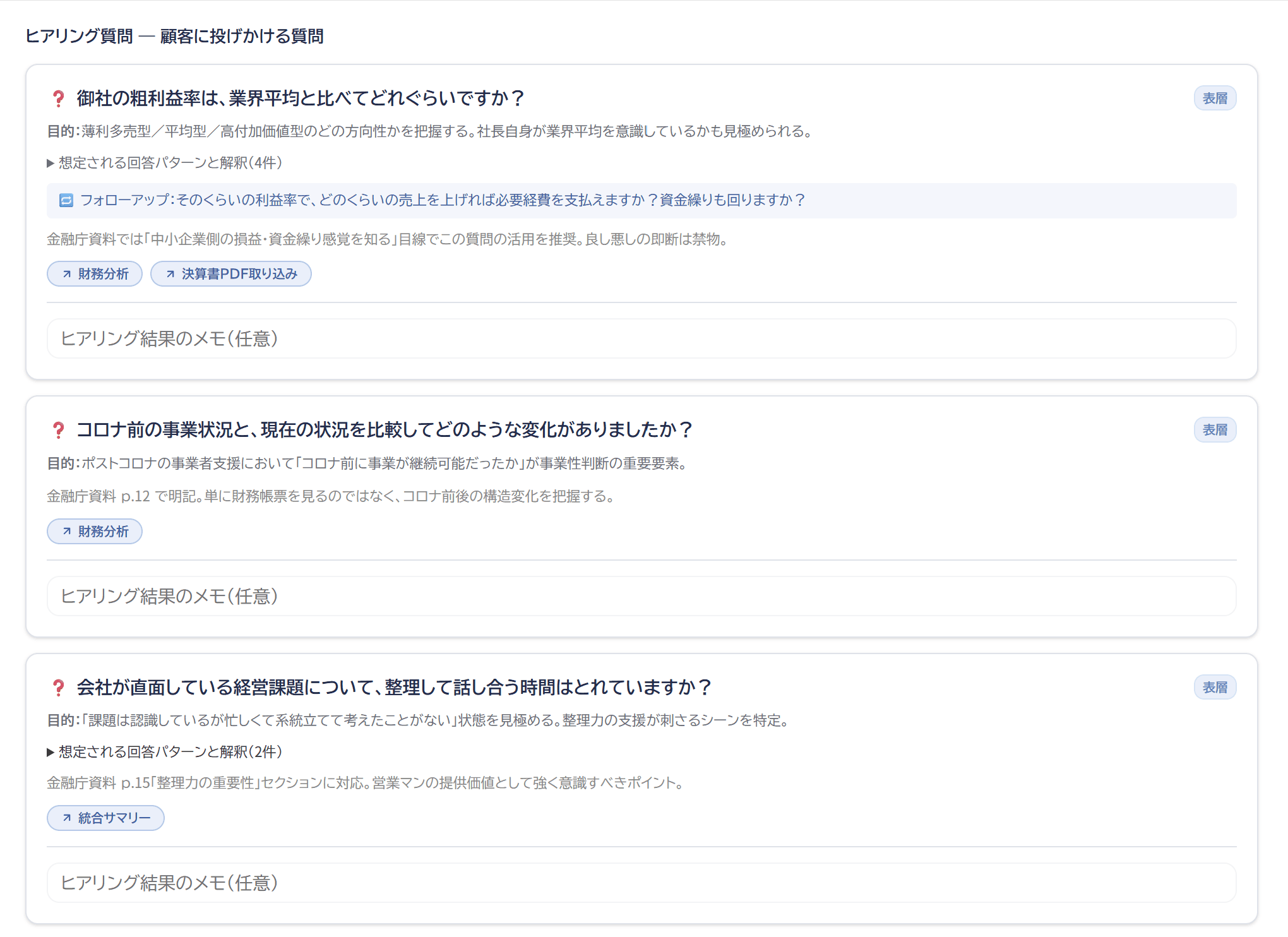 初回アプローチボードのヒアリング質問とメモ欄