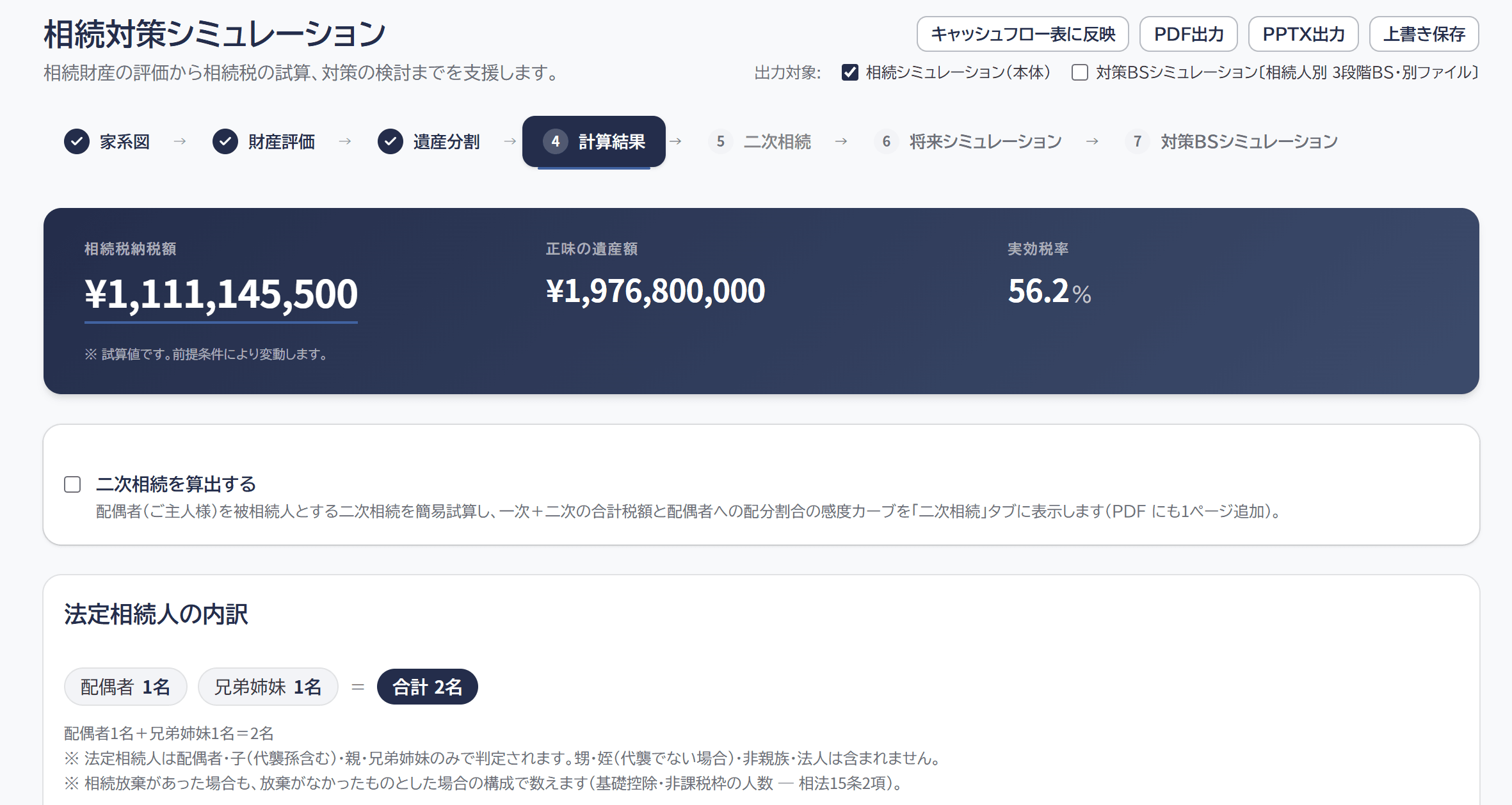 相続対策シミュレーションの計算結果画面