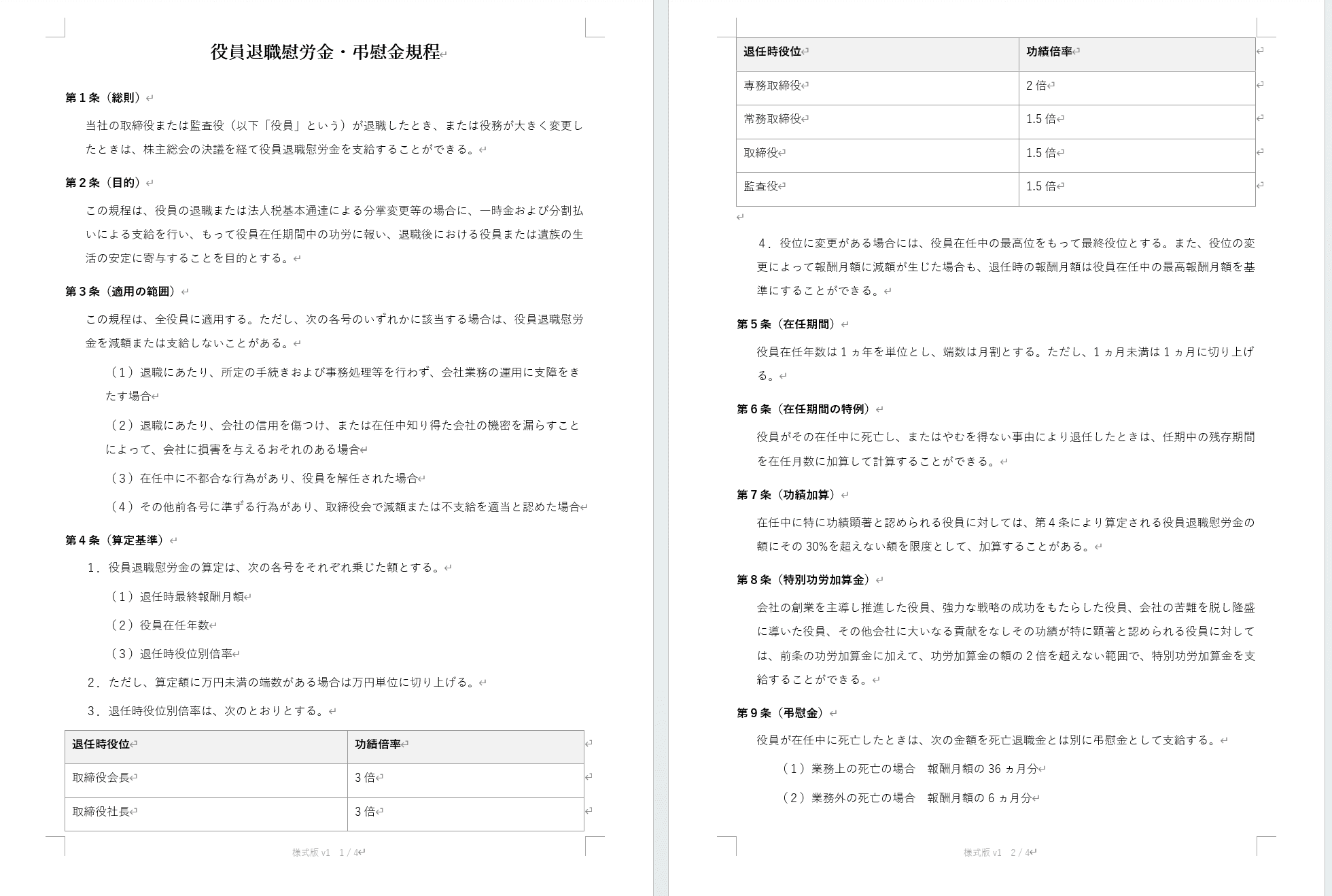 役員退職慰労金・弔慰金規程のWord出力例